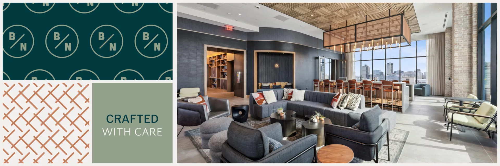 BN logo pattern, Crafted with Care text, and modern lounge with city views